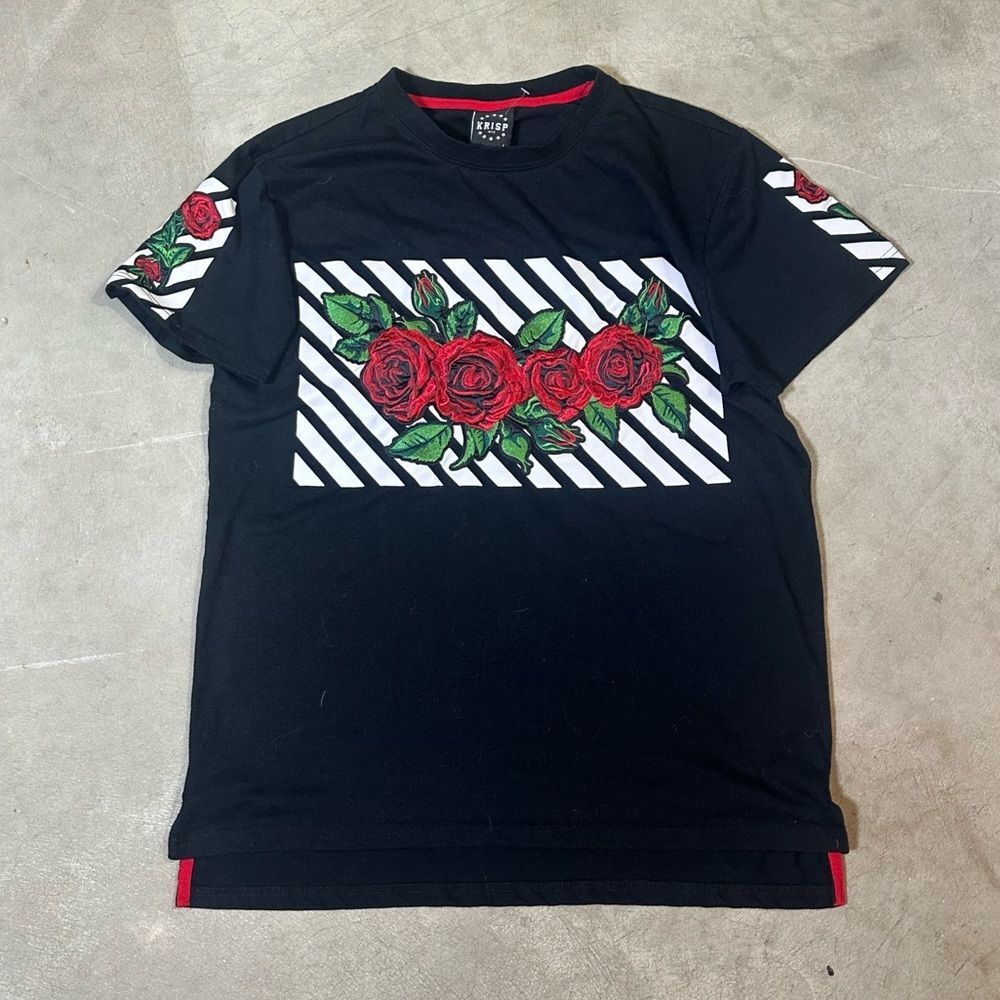 Krisp NYC Black T Shirt Embroidered Roses Size Large
